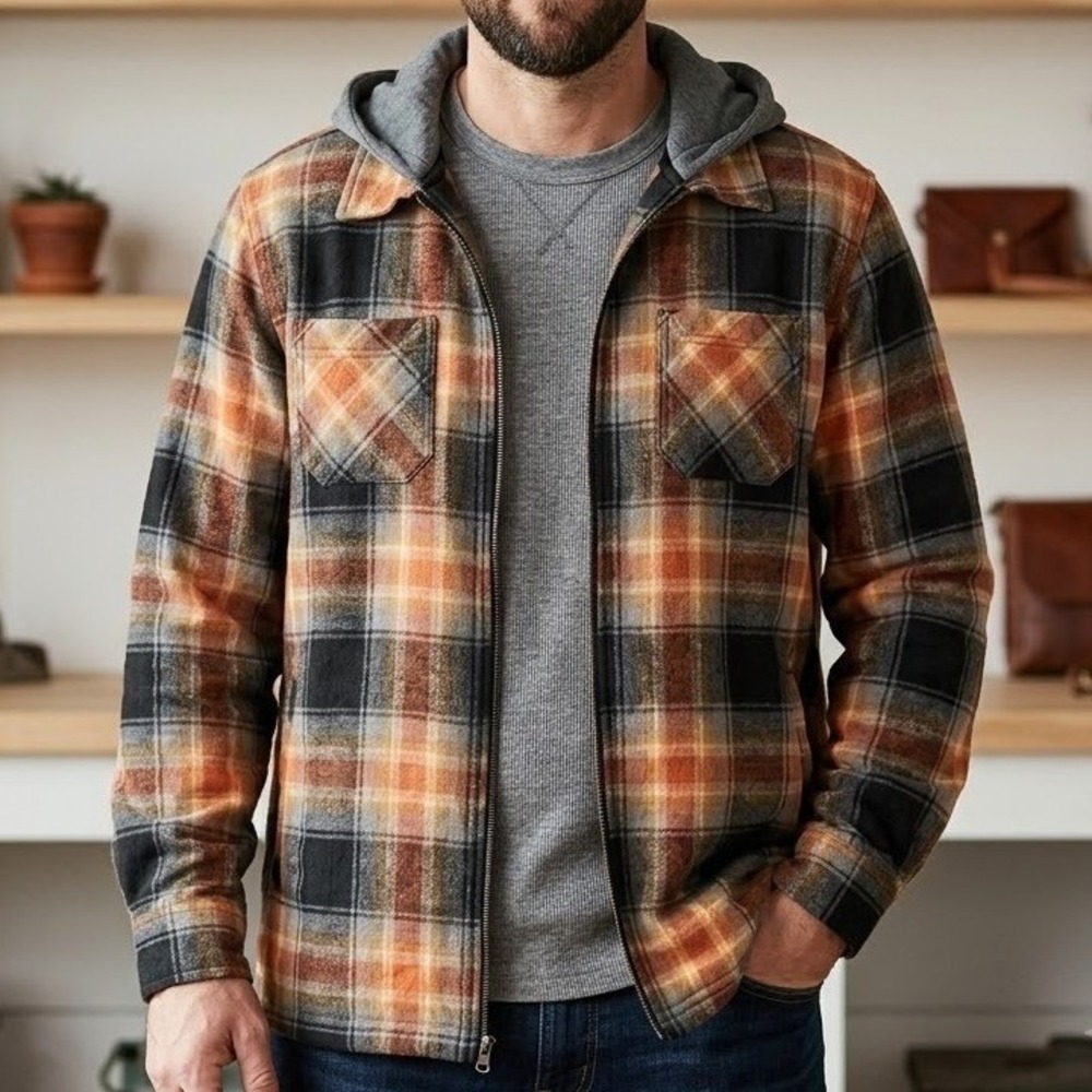 Brooklyn Cloth Mens Plaid Hooded Flannel Shirt Jacket w Pockets Large - Picture 1 of 9